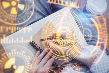 Close up of human hands background and abstract innovative technologies for industries. Multi exposure.