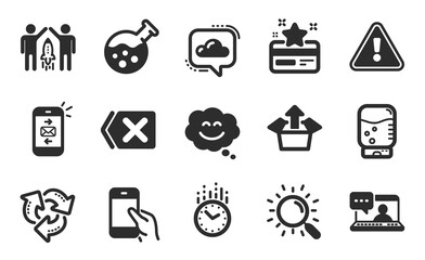 Partnership, Remove and Cloud communication icons simple set. Send box, Mail and Smile chat signs. Recycle, Loyalty card and Friends chat symbols. Search, Hold smartphone and Time. Vector