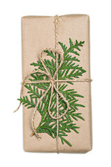 isolate gift box made of craft paper decorated with branch thuja
