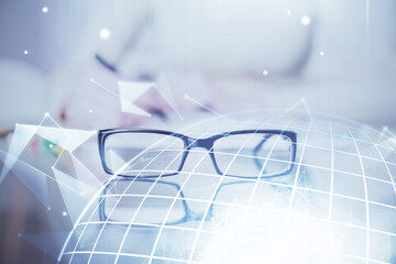 Multi exposure of hands making notes with world map hologram and data theme icons. Concept of global computer data.