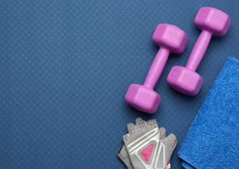 pair of dumbbells, sports gloves and blue towel