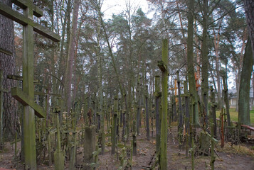 wooden Christian orthodox crosses on Mount Garbarka in Poland in autumn