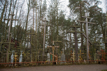 wooden Christian orthodox crosses on Mount Garbarka in Poland in autumn