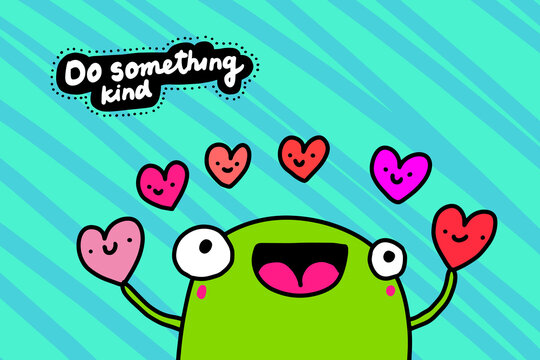 Do something kind hand drawn vector illustration in cartoon comic style frog holding hearts symbol