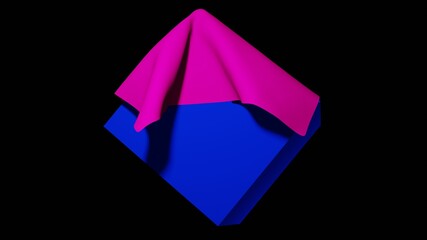 Pink cloth blown on blue square shape in black background 3D render