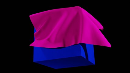 Pink cloth blown on blue square shape in black background 3D render