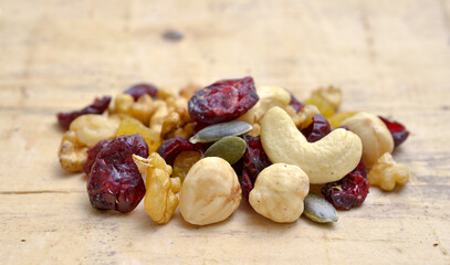 mixed nuts with raisins close up shoot