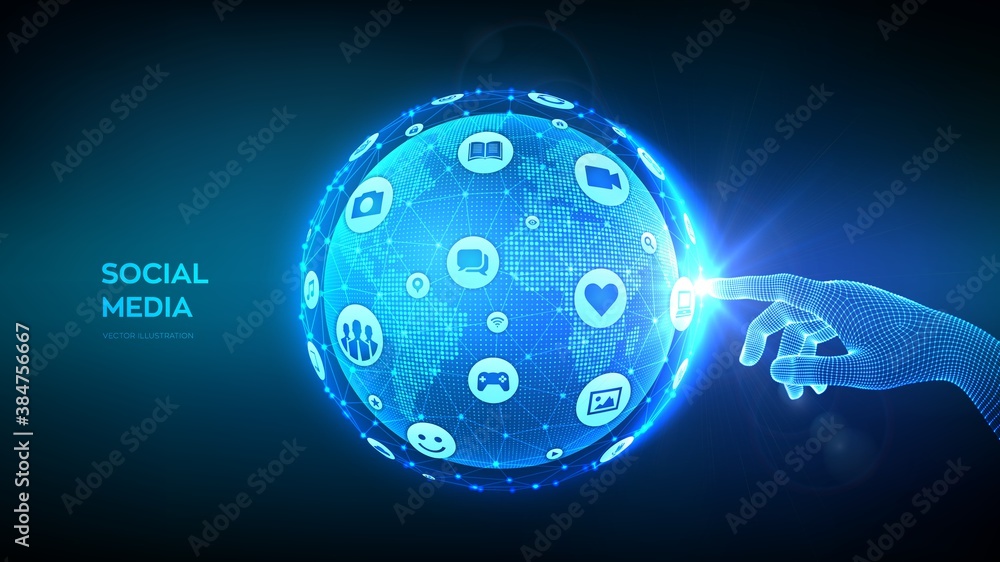Poster social media connection concept. wireframe sphere made from a different social media and computer ic