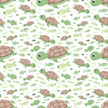 Cute turtle pattern with fishes on white background for childish wallpaper or wrapping paper, fabric printing, colourful vector graphic