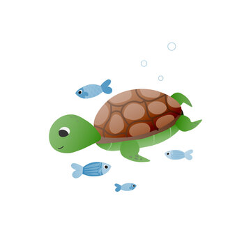 Cute vector childish turtle with little fishes, graphics for educational posters about marine life, kawaii animal character isolated on white background