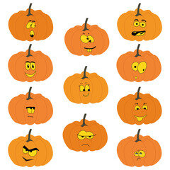 Set of halloween pumpkins, funny faces. Autumn holidays. Vector illustration