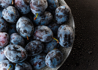 Wet Ripe Plums covered with water drops, closeup