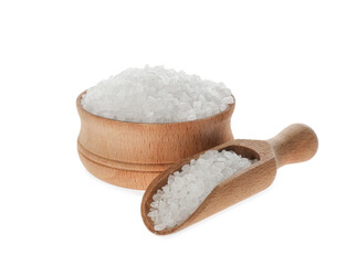 Wooden scoop and bowl with salt isolated on white
