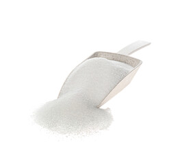 Plastic scoop with salt isolated on white