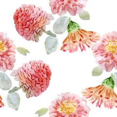 seamless floral pattern with pink watercolor flowers on white background