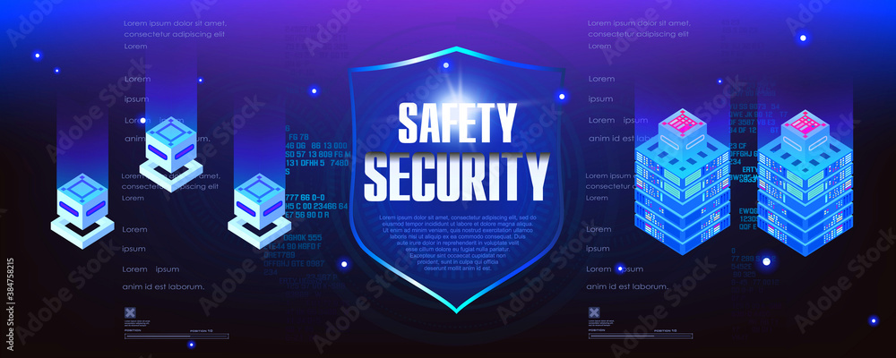 Poster protection and security of digital data. concept banner. your data is safe. security shield. server 