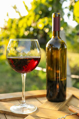 Bottle and glass of red wine on wooden table in vineyard