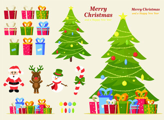 big Christmas set (Christmas tree, gifts, Santa Claus, deer, snowman, candy, inscription, new year)