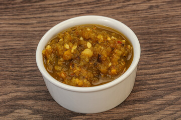 Green spicy sauce in the bowl