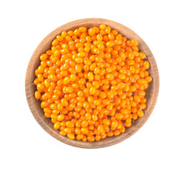 Fresh ripe sea buckthorn berries in bowl isolated on white, top view