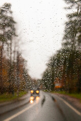 photograph of the road, through the windshield of a car, raindrops on the glass. Golden autumn, track landscape. Vertical photography