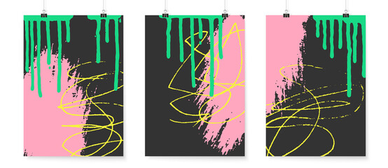 Abstract backgrounds set. Grunge poster backdrops. Posters on binder clips. Quirky doodles. Geometric shapes wallpapers. Bright retro colors design.