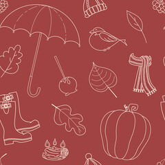 Seamless vector pattern with cute hand drawn umbrella, knitted hat and scarf, rain boots, leaves, pumpkin. White line objects on red background. For wrapping paper, invitation, card, gift, print, web.