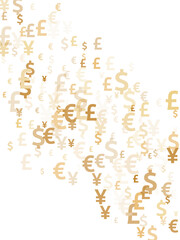 Euro dollar pound yen gold icons scatter currency vector illustration. Business backdrop. Currency 