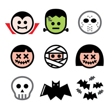 Halloween vector characters design set - Dracula, mummy, Frankenstein skull icons

