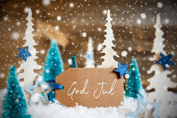 Label With Swedish Text God Jul Means Merry Christmas. Christmas Trees With Star Decoration And...