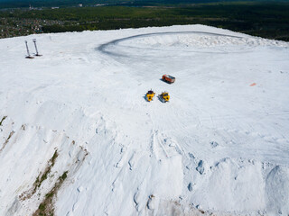 View from drone of unusual White Mountain in Podmoskovye, Russia - large open air slagheap of...