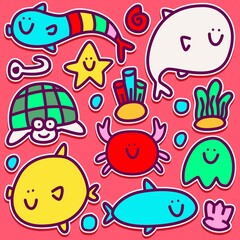 hand drawn kawaii doodle cartoon fish design for wallpaper, stickers, coloring books, pins, emblems logos and more