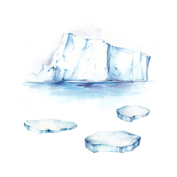 Watercolor arctic set with ice floe, snow and ice floes