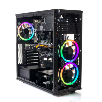 Studio shot of black Gaming desktop pc with rgb lights and visible components. Isolated on white background.