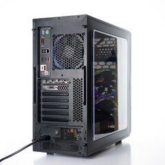 Studio shot of black Gaming desktop pc with rgb lights and visible components. Isolated on white...
