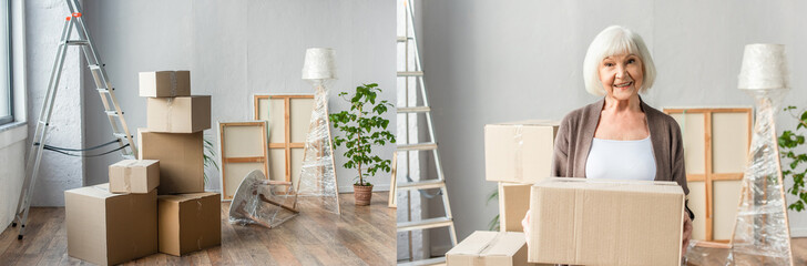 collage of cardboard boxes, frames, ladder, lamp and plant in empty room and senior woman holding box, moving concept