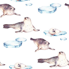 Watercolor seamless pattern with seals and ice floes