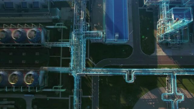 Aerial flying panorama over chemical plant with motion design infographics elements. Energy gas flow concept pipes and cooling towers with fans. Smoke smog and environmental pollution.