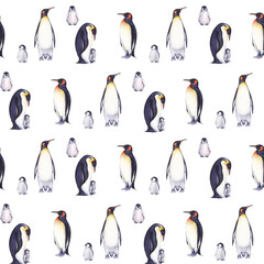 Obraz premium Marine seamless pattern with illustrations of penguins on a white background. Watercolor illustration