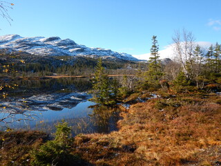 Fototapeta na wymiar Snowy Mountains reflected in the Lake