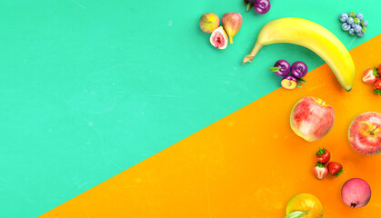 Healthy fruits with vitamins background. Organic fresh sweet fruits. Apples, banana, orange, plums,...