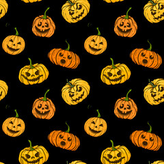 Halloween pumpkin. seamless pattern of Orange pumpkins with carving scary smiling cute glowing faces. design for holiday greeting card and invitation, flyers, posters, banner halloween party holiday