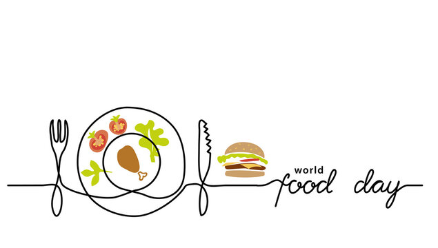 World food day simple line border, web banner, simple vector background. One continuous line drawing with lettering Food Day.