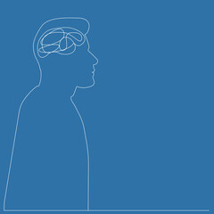 Outline of a person. Thinking man. Human psychology. Vector image. Contour drawing. Turquoise background.
