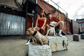 young stylishly dressed man and woman with an athletic figure with two american bully dogs on city streets