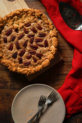 Chocolate pecan pie with leaf detail