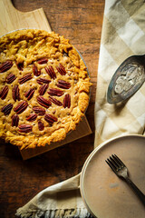 Chocolate pecan pie with leaf detail