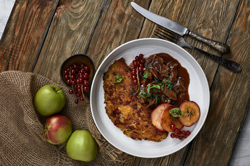 Draniki potato pancakes. The naitonal dish of Belarus, Ukraine and Russia. potato pancakes with mushrooms