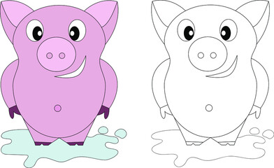 Fototapeta premium Page of coloring book for children. Cute piggy. Hand painted animal sketches in a simple style. T-shirt print, label, patch or sticker. Vector illustration.
