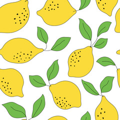 Vector seamless pattern with lemons and green leaves on white. Cheerful botanical background in trendy sketch style illustration. Bright print for fabric, textile or wallpaper.